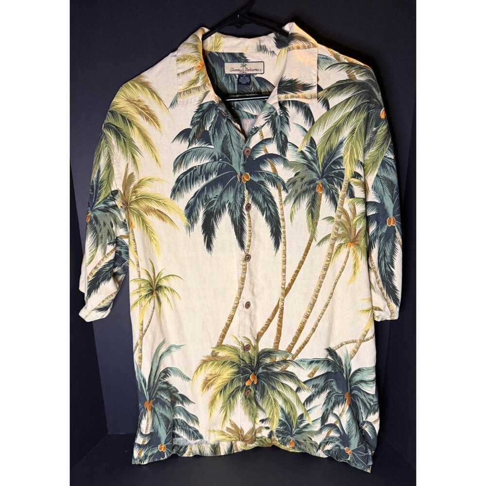 Vtg Tommy Bahama Silk Palm Tree AOP Hawaiian Short Sleeve Shirt Mens M